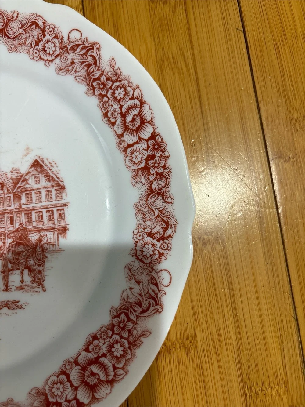 Red Transferware Dinner Plate with Floral Border